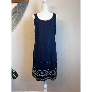 NWT Linen Neiman Marcus Navy W Sz S Shift Dress Embroidered Hem Mediterranean